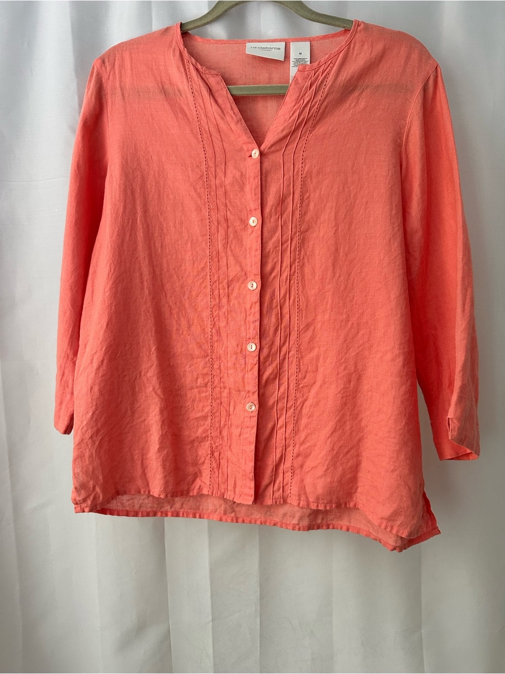 Liz Claiborne Lizsport Linen Blouse M Coral Pintuck Button Down Coastal